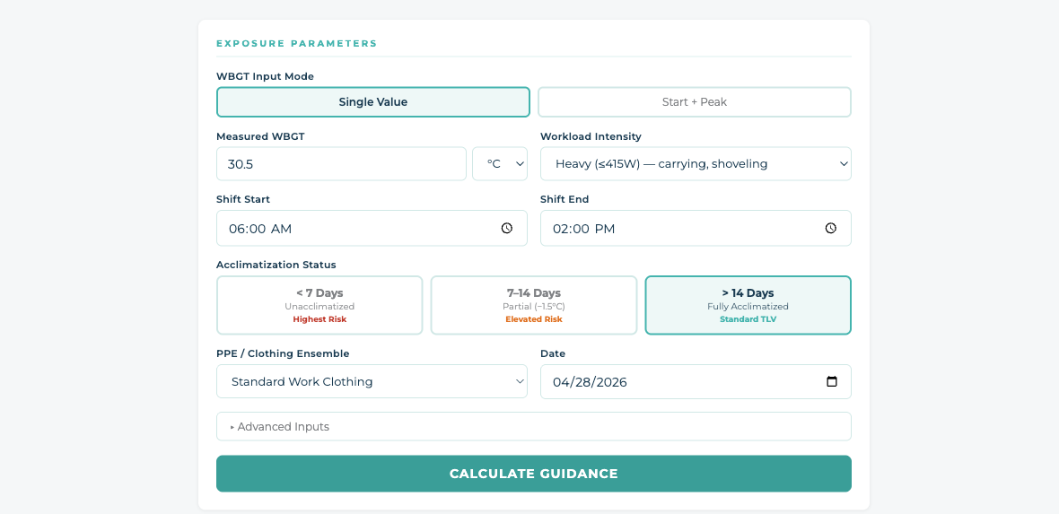 The exposure input form: WBGT reading, workload, acclimatization, clothing, and shift window.